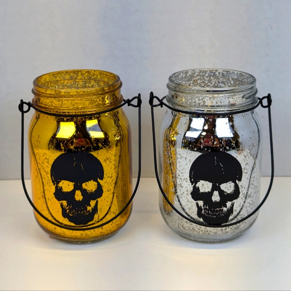 🎃 Skull Decorated Mason Jars Painted Gold & Silver with Rotating Handles  Empty